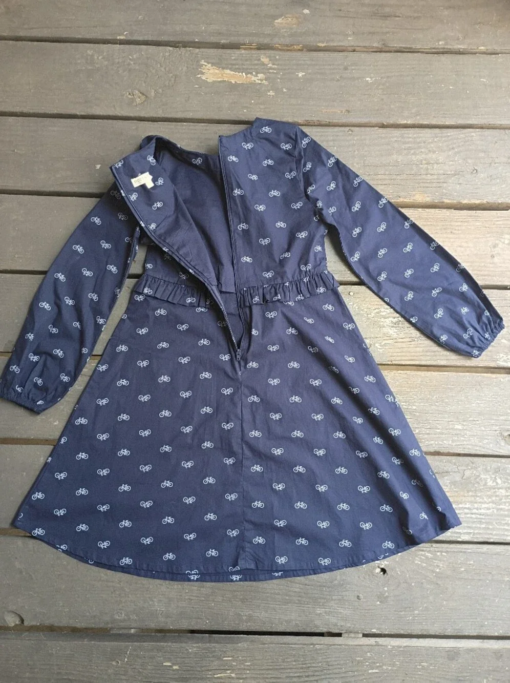 Hope & Henry Girls Organic Cotton Navy Long-Sleeve Bicycle Print Dress Size 12